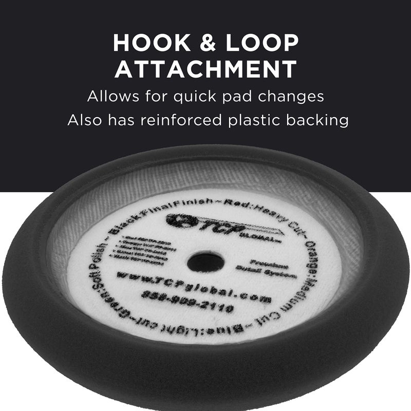 TCP Global 8" Black Foam Buffing Pad Extra Fine Finishing Polish Hook and Loop Backing - Buffing Pad for Automotive, Marine, Truck, RV & Compound Cutting - Image 4